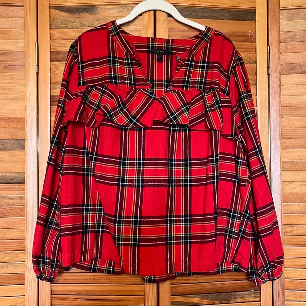J.CREW Red Plaid Flannel Ruffle Long Sleeve Festive Blouse | size Large